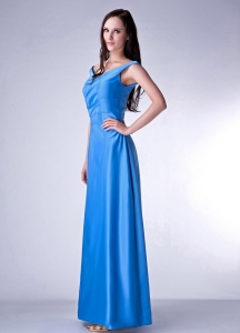 Blue Column V-neck Ankle-length Taffeta Ruch Dama Dress for Quinces