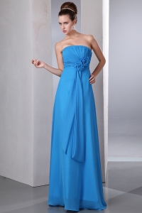 Blue Strapless Chiffon Hand Made Flowers and Ruch Dama Dresses