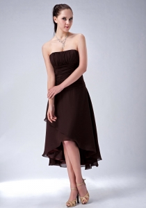 Brown High-low Strapless Chiffon Ruch Dama Dress for Quinces