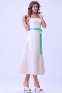 Champagne Dama Dress with Turquoise Sash Tea-length Satin