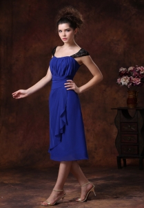 Chiffon Ruched Straps Navy Blue Tea-length Quinces Dama Dresses