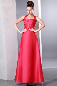 Coral Red Halter Ankle-length Ruch Dama Dresses for Quinces