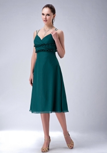 Dark Green Spaghetti Straps Tea-length Chiffon Dama Dresses