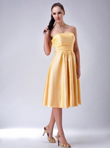 Gold Satin Bow Dama Dresses for Quinces Strapless Tea-length