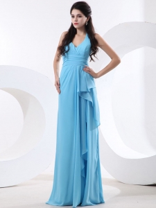 Halter Baby Blue Custom Made Ruched Dama Dress with Sash