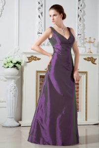 Purple V-neck Straps Taffeta Ruch Dama Dresses for Quinces