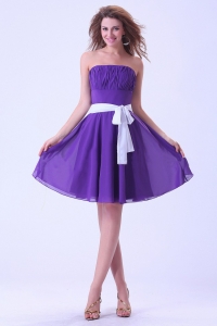 Purple Dama Dresses with White Sash Chiffon Knee-length