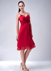 Red Spaghetti Straps Satin Hand Made Flowers Dama Dresses