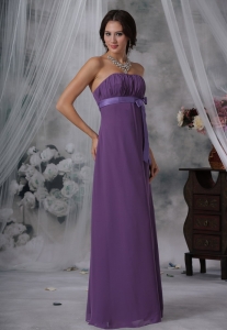 Ruched Bowknot Purple Chiffon Strapless Quinceanera Dama Dresses
