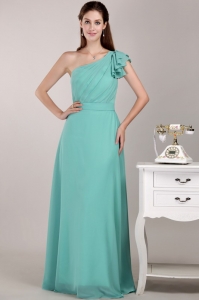 Turquoise One Shoulder Chiffon Ruch Quinces Dama Dresses