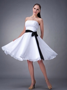 White Strapless Knee-length Chiffon Dama Dress with Black Sash