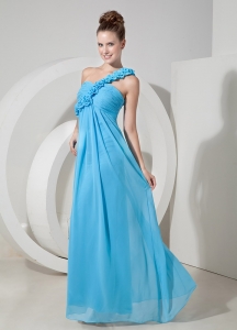 Aqua Blue Hand Made Flowers One Shoulder Dama Dress for Quinces