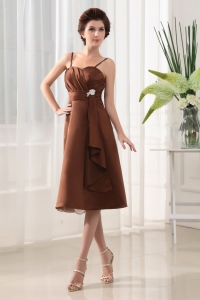 Beading Spaghetti Straps Chiffon Brown Tea-length Dama Dress