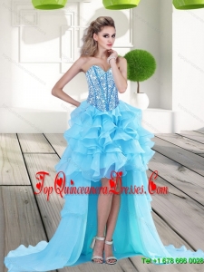 2015 Gorgeous Aqua Blue High Low Dama Dress with Beading and Ruffles