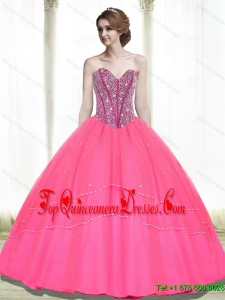 2015 Fashionable Ball Gown Beading Sweetheart Hot Pink Quinceanera Dresses