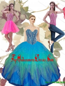 2015 Fashionable Beading Sweetheart Tulle Quinceanera Dresses in Turquoise
