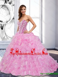 Luxurious 2015 Sweetheart Beading and Ruffles Rose Pink Quinceanera Dresses