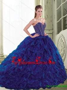 Perfect 2015 Sweetheart Beading and Ruffles Navy Blue Quinceanera Dresses