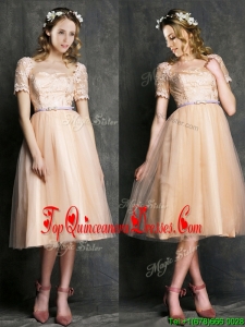 2016 Beautiful Bateau Short Sleeves Dama Dress with Sashes and Lace