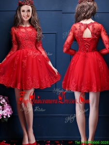 2016 Classical Scoop Three Fourth Length Sleeves Short Dama Dress with Beading and Lace