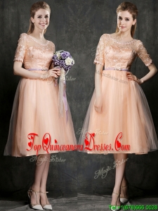 2016 New Scoop Half Sleeves Dama Dress with Sashes and Lace