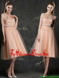 2016 Popular High Neck Peach Dama Dress with Sashes and Lace
