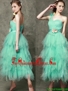 2016 Popular One Shoulder Dama Dress with Ruffled Layers and Hand Made Flowers