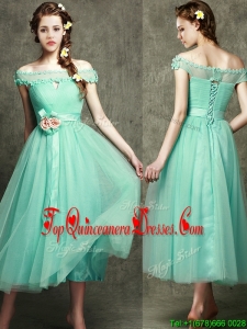 2016 Romantic Off the Shoulder Cap Sleeves Dama Dress with Appliques and Hand Made Flowers