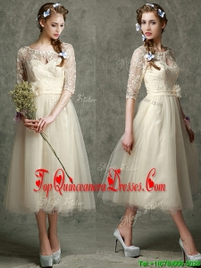2016 See Through Scoop Half Sleeves Dama Dress with Hand Made Flowers and Lace