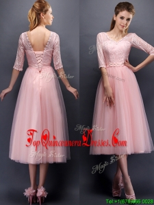 2016 See Through V Neck Half Sleeves Dama Dress with Lace and Belt