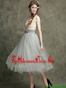 2016 Wonderful Hand Made Flowers and Belted Dama Dress with Tea Length