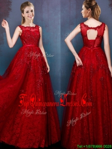 See Through Scoop Wine Red Dama Dress with Beading and Appliques
