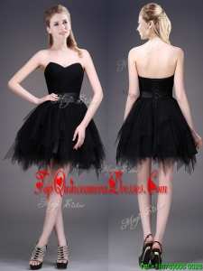 2016 Best Selling Black Short Dama Dress with Ruffles and Belt