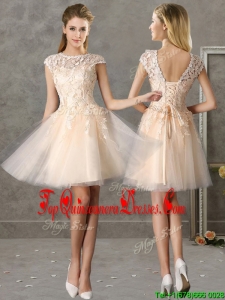 2016 Classical Bateau Cap Sleeves Lace Dama Dress in Champagne