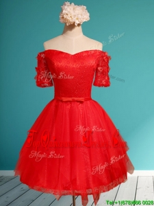 2016 Comfortable Off the Shoulder Short Sleeves Red Dama Dress with Appliques and Belt