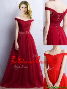 2016 Elegant Off the Shoulder Cap Sleeves Dama Dress in Wine Red
