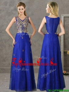 2016 Gorgeous V Neck Appliques and Beading Dama Dress in Royal Blue