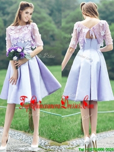 2016 New Style Bateau Half Sleeves Lavender Dama Dress with Appliques