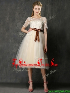 See Through Scoop Short Sleeves Dama Dress with Bowknot and Lace