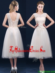2016 Fashionable Tea Length Scoop Dama Dress with Lace and Appliques