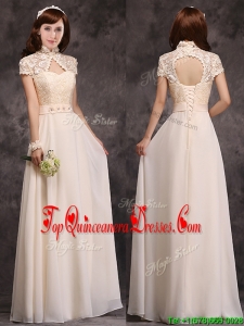 2016 Hot Sale High Neck Champagne Dama Dress with Appliques and Lace