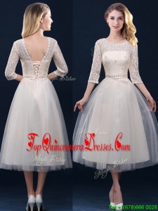 2016 Hot Sale Laced and Applique Champagne Dama Dress in Tea Length
