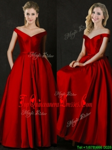 2016 Latest Bowknot Wine Red Long Dama Dress with Off the Shoulder
