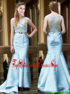 2016 Modest Mermaid Applique Brush Train Dama Dress in Light Blue