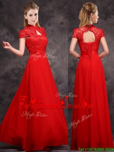 2016 New Arrivals Applique and Laced High Neck Dama Dress in Red