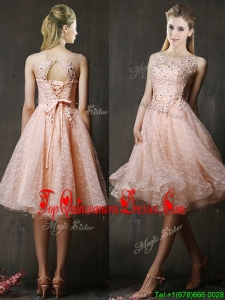 2016 See Through Beaded and Applique Peach Dama Dress with Polka Dot