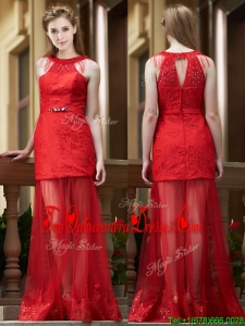 Cheap Belted Red Long Dama Dress in Tulle and Lace