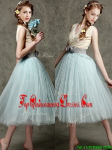 Fashionable Hand Made Flowers and Belted V Neck Damas Dress in Apple Green