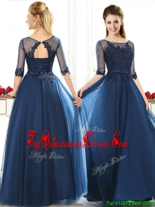 Fashionable See Through Scoop Half Sleeves Damas Dress with Lace and Belt