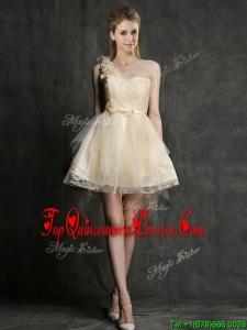 Fashionable One Shoulder Short Damas Dress with Belt and Hand Made Flowers